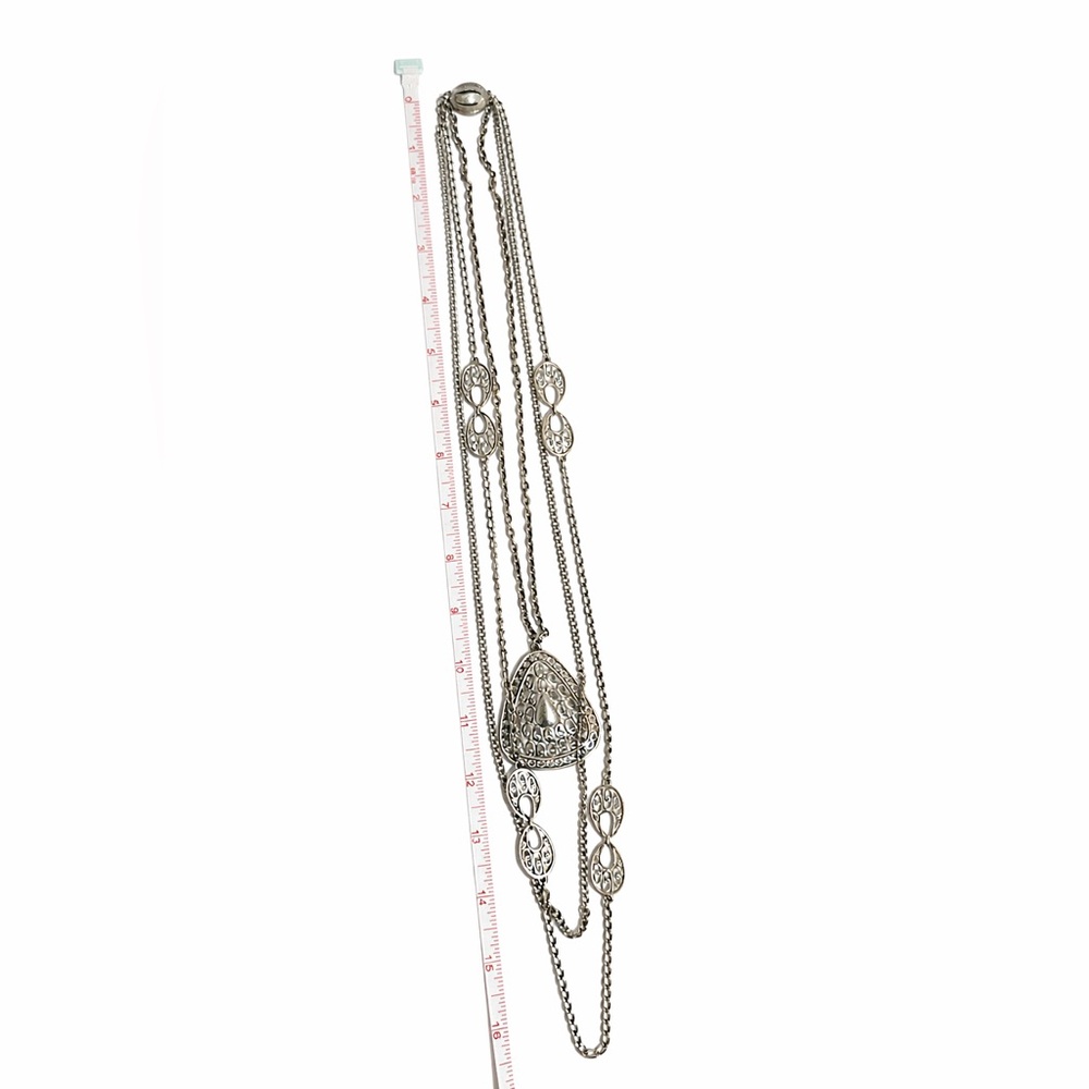 Vintage Silver Tone Layered Necklace Filigree Pendant Long Boho Statement - Picture 3 of 3